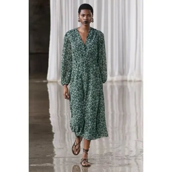 Zara ZW Collection Printed Floral Midi Dress | Green White | Size XS x-small - Picture 7 of 10